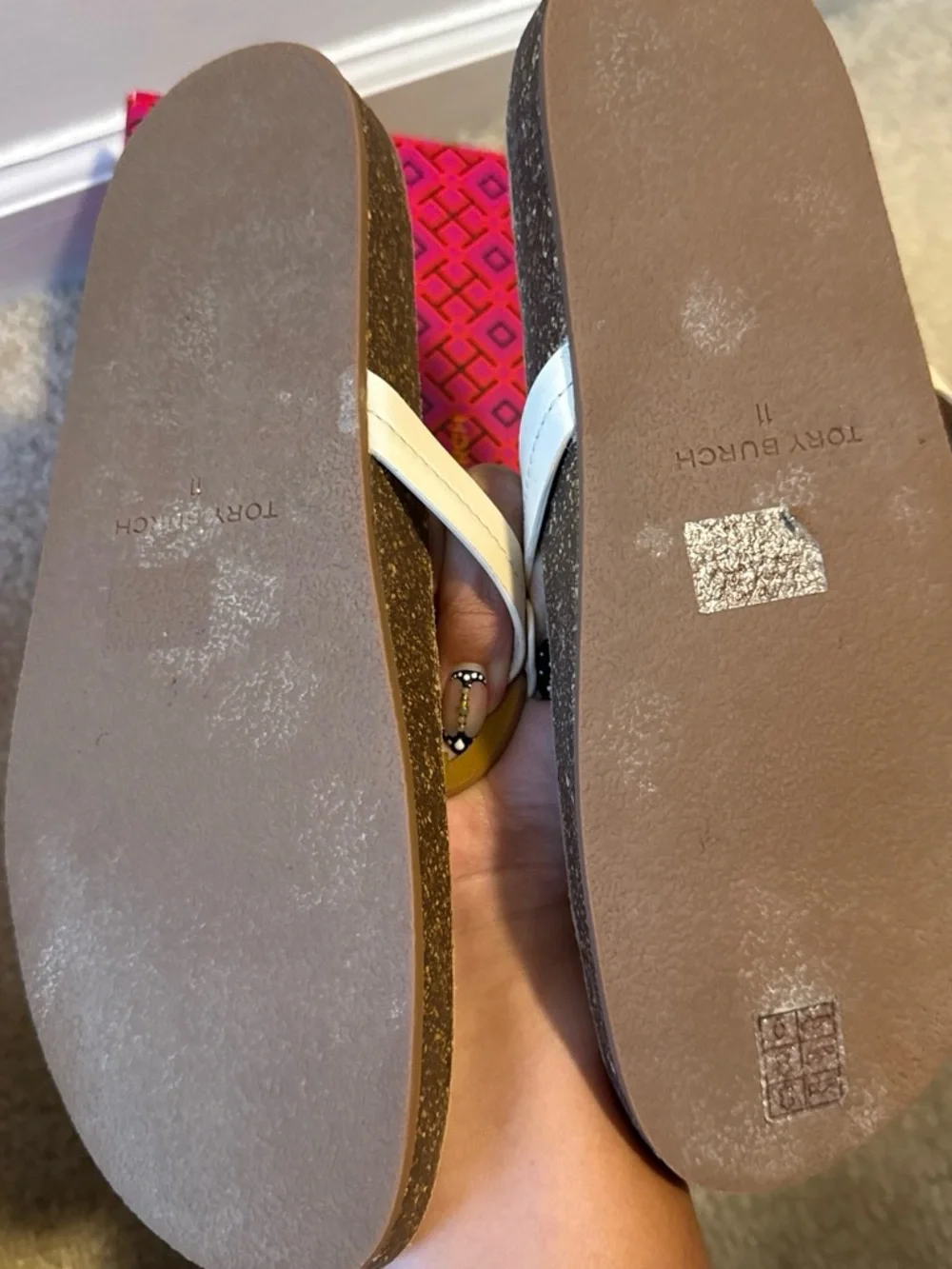Tory Burch White Leather Logo Thong Sandals with Tan Medallions